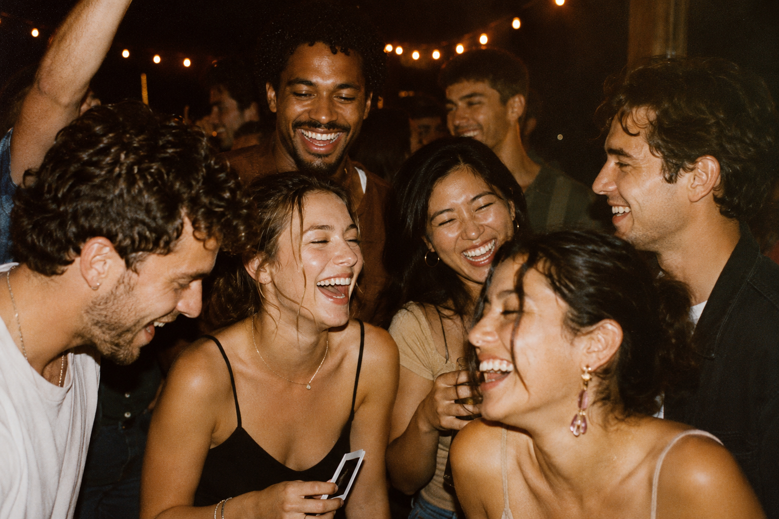 A warm group of friends laughing together in a private, supportive community