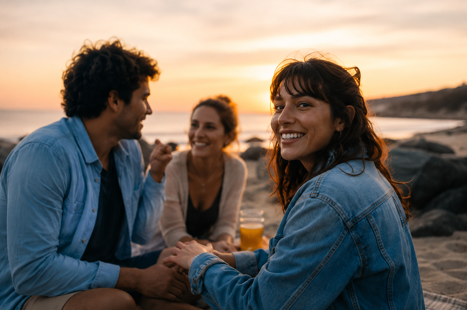 Friends on a beach at sunset for a Brisbane Herpes Dating success story