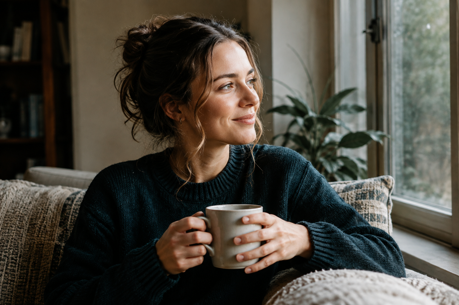 Woman holding coffee by a window for a Melbourne Herpes Dating success story